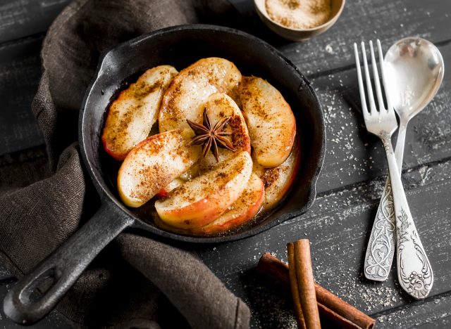 caramelized apples with cinnamon in a pan