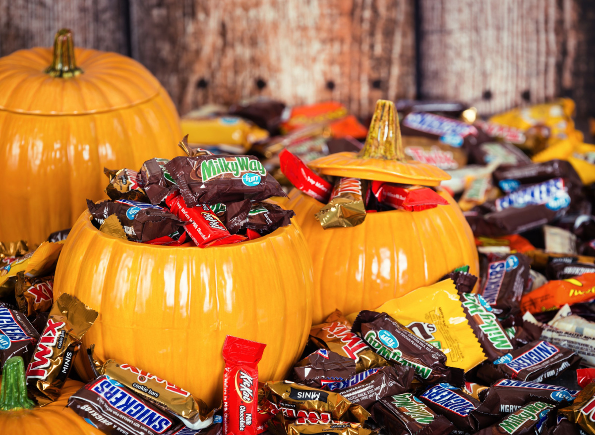 decorative pumpkins filled with assorted halloween candy