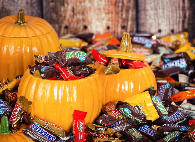 decorative pumpkins filled with assorted halloween candy