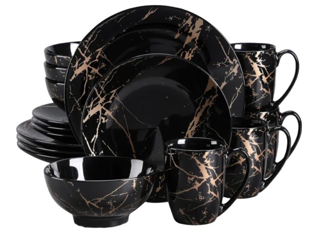 everly quinn black karagen 16-piece porcelein china dinnerware set