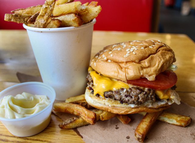 five guys cheeseburger, fries, and mayo