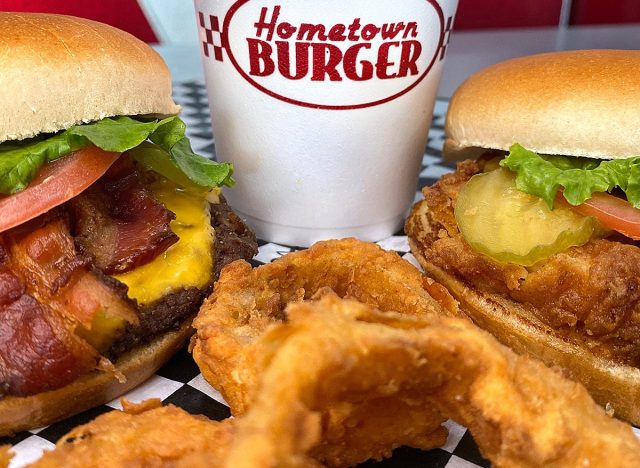 hometown burger drink, onion rings, burger, and sandwich