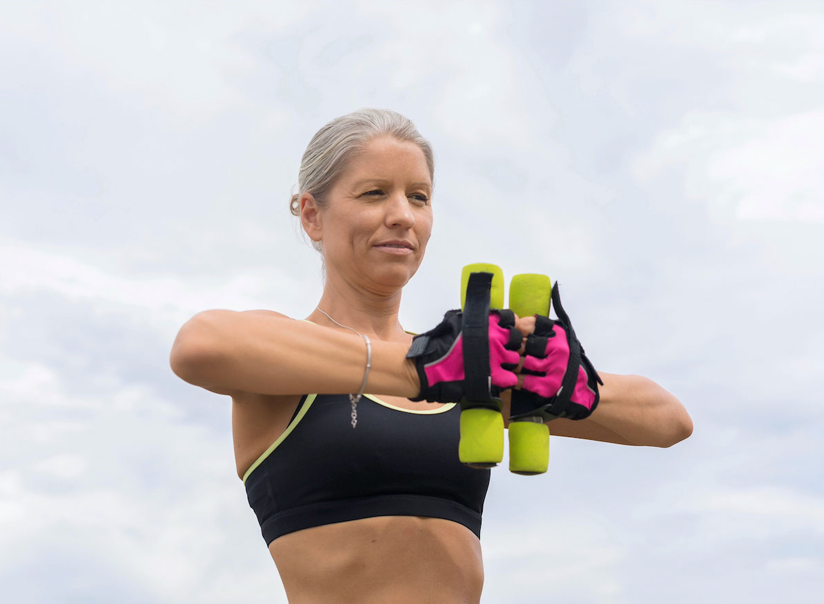 mature woman strength training to burn twice the calories
