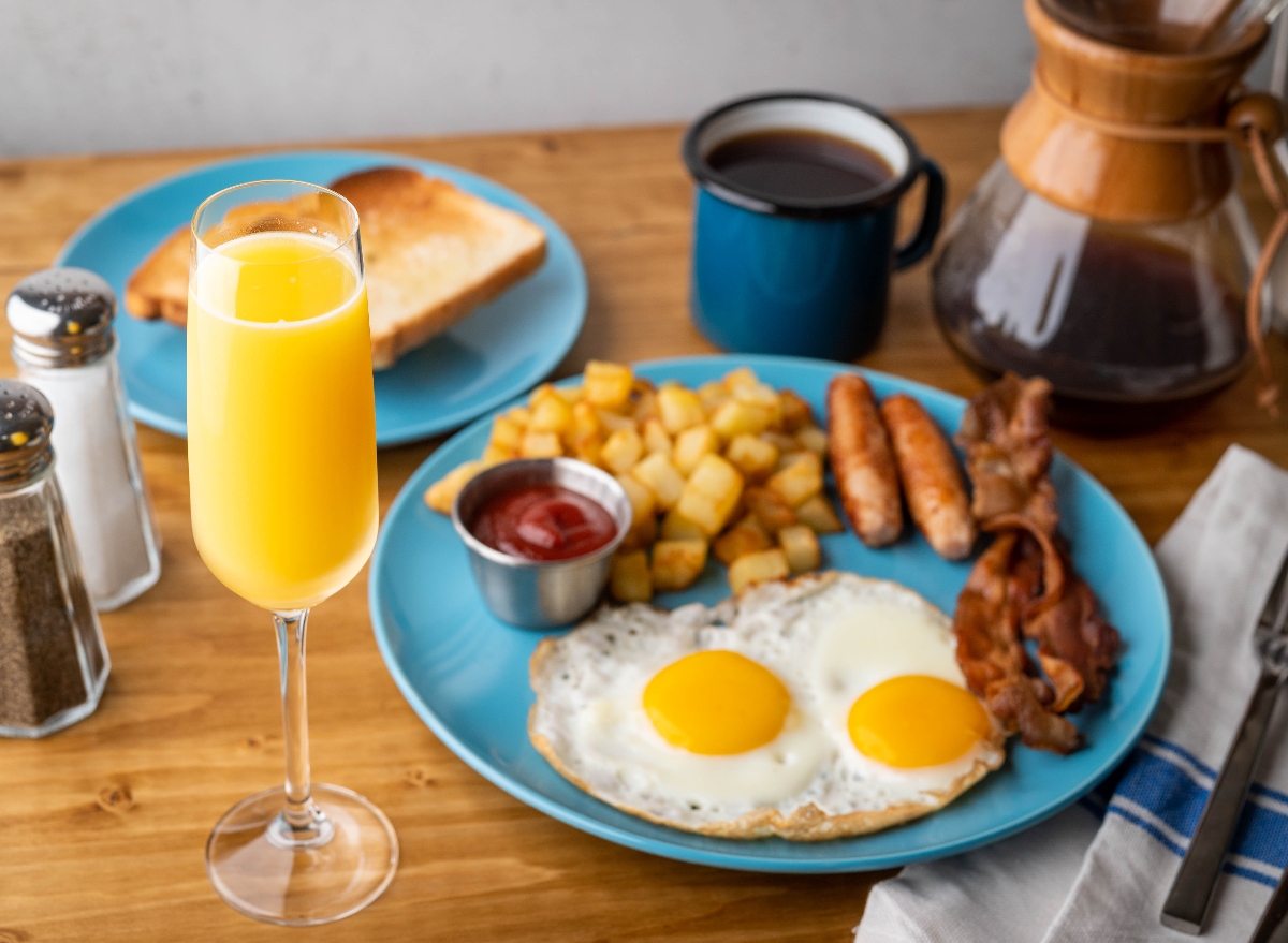 Mimosa breakfast foods plate toast coffee salt pepper