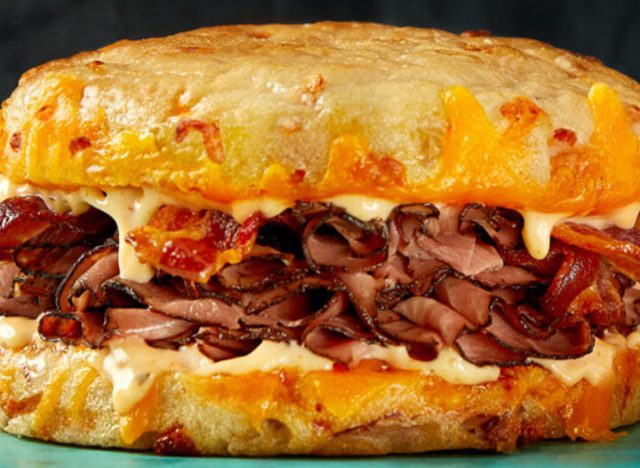 schlotzsky's deli sandwich with smoked cheese and beef bacon
