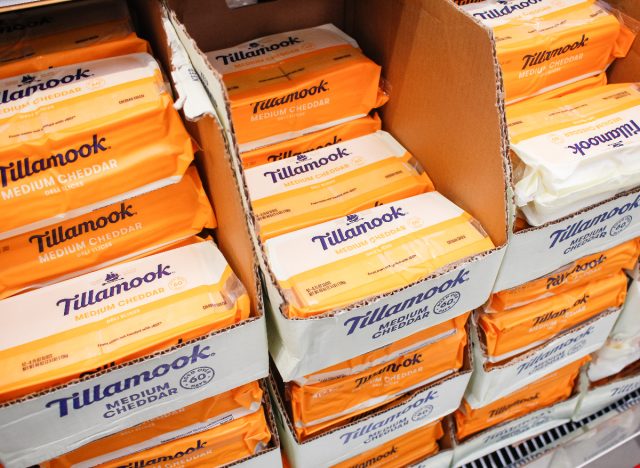 tillamook medium cheddar cheese blocks at the grocery store