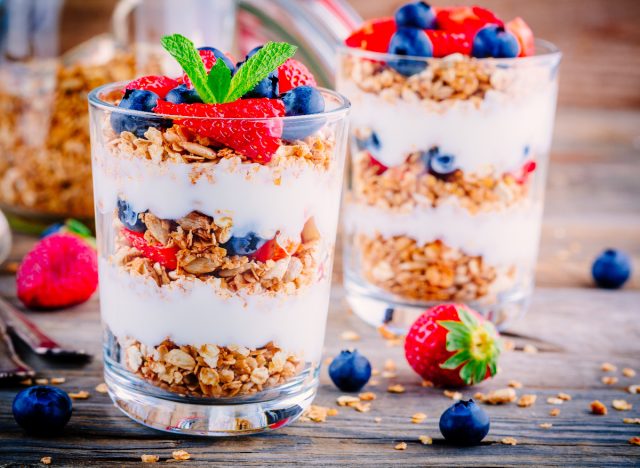 yogurt parfait with granola, blueberries, and strawberries