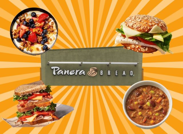 a collage of healthy panera bread dishes on a colorful yellow and orange designed background