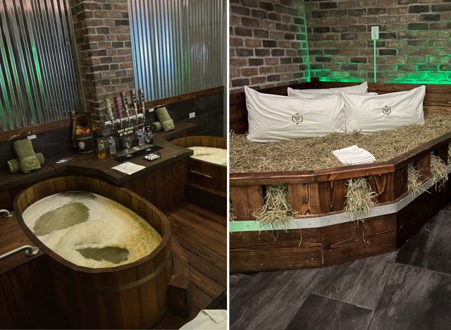 Original Beer Spa in Orlando, Florida split image soaking tubs and hay bed