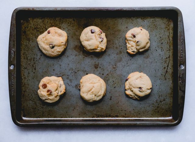 chocolate chip cookies on sheet pan with non stick spray