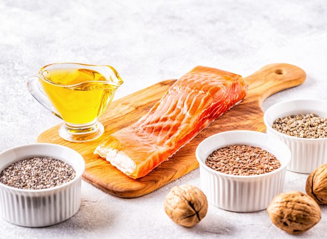omega-3 foods - salmon, flax seeds, hemp seeds, chia seeds, walnuts, and flaxseed oil