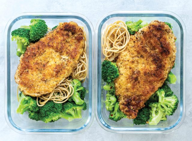 parmesan crusted chicken breasts with broccoli and spaghetti