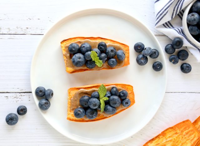 sweet potato toast with almonds and blueberries