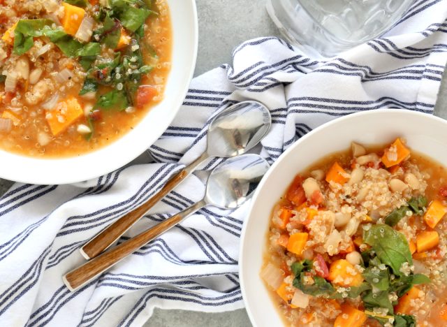 sweet potato white bean soup with rainbow chard