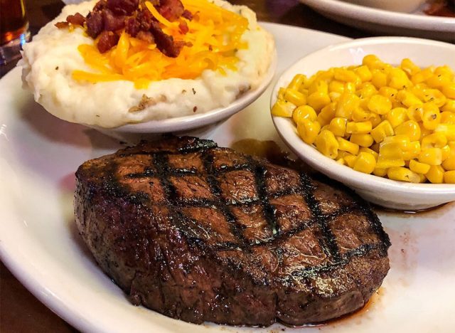 texas roadhouse steak, corn, and mashed potatoes