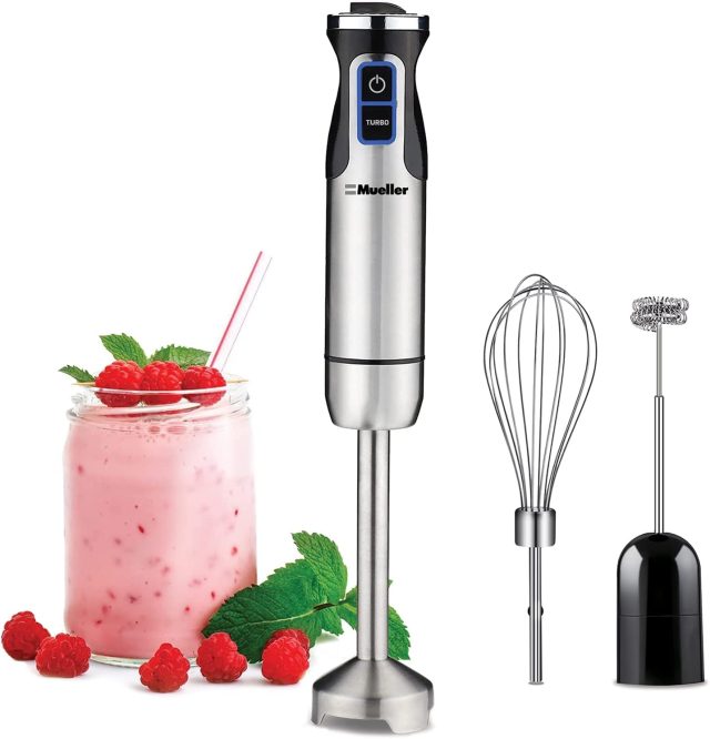 Mueller Ultra-Stick 500 Watt 9-Speed Immersion Multi-Purpose Hand Blender Heavy Duty Copper Motor Brushed 304 Stainless Steel With Whisk