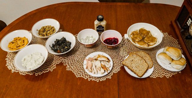 Thanksgiving leftovers sandwich with the moist-maker ingredients