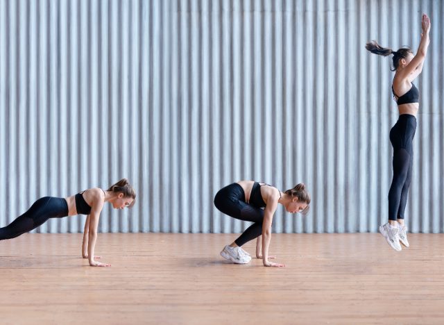 woman performing burpees step-by-step, exercises to lose belly fat