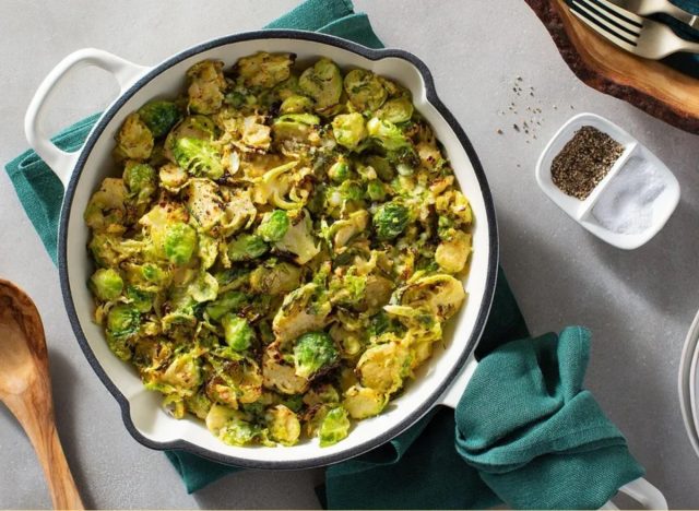 creamy garlic brussels sprouts with gruyère and parmesan