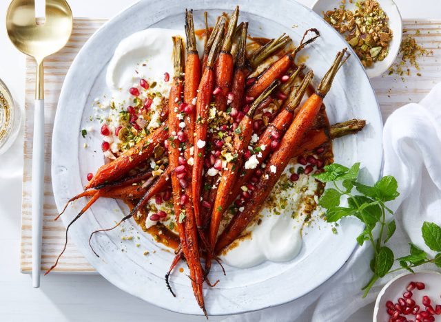 maple harissa caramelized carrots with lemony yogurt and feta