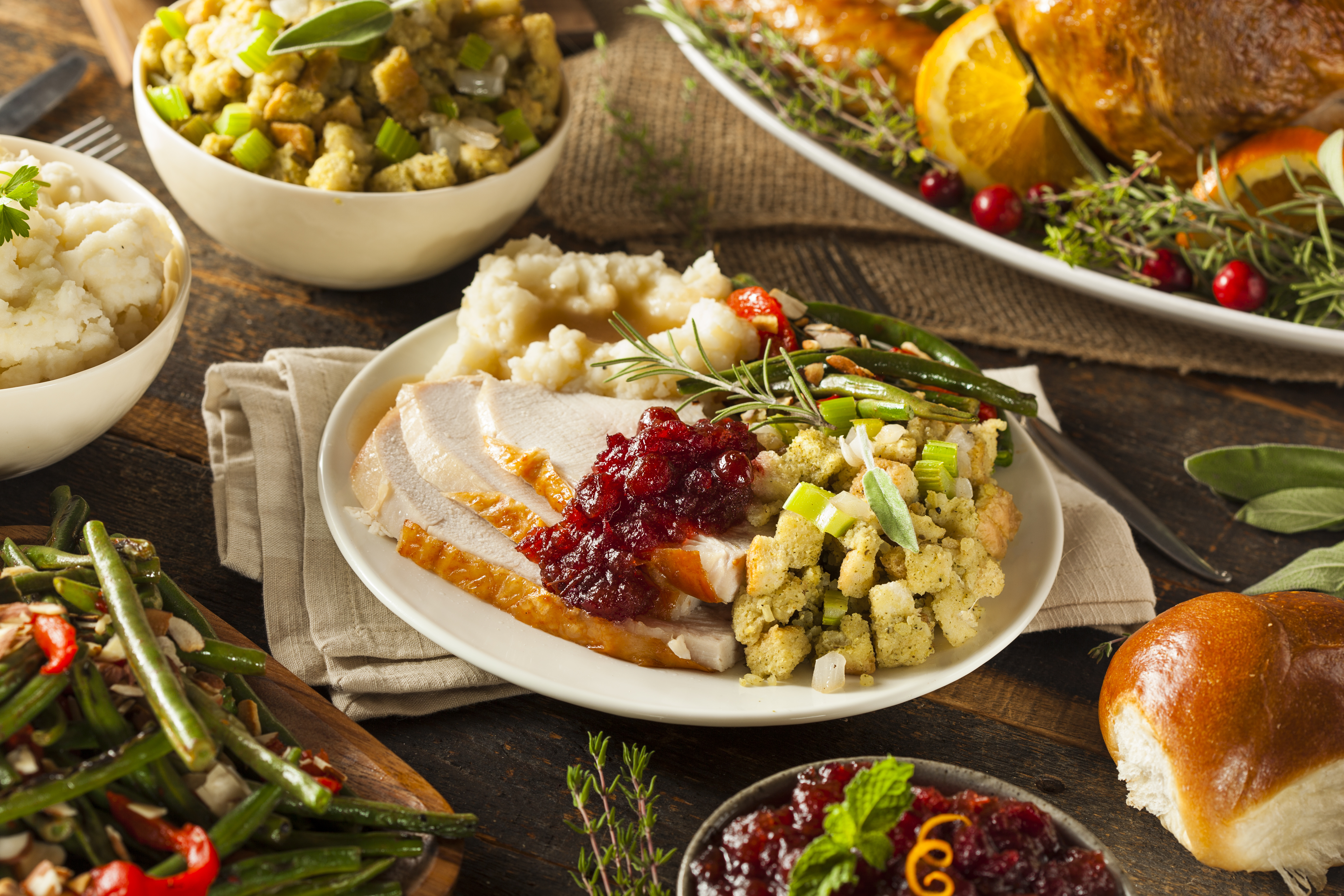 Homemade Thanksgiving dinner on a plate