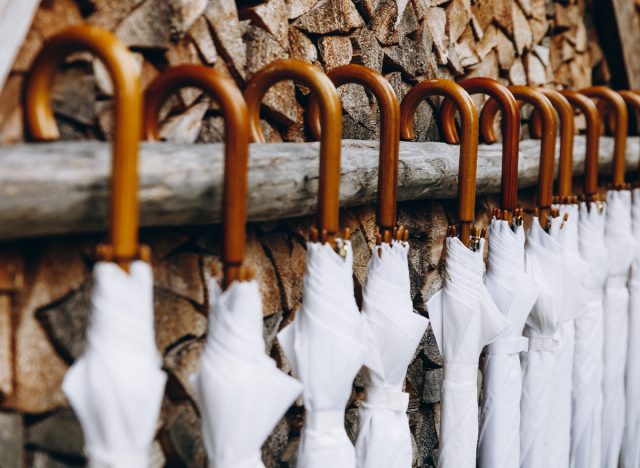 wedding umbrellas lined up, one of the biggest wedding day disasters and stresses