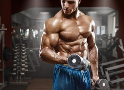 muscular man holding dumbbells, concept of 10-minute arm workout at gym