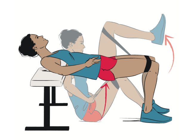 banded hip thrust exercise on workout bench illustration