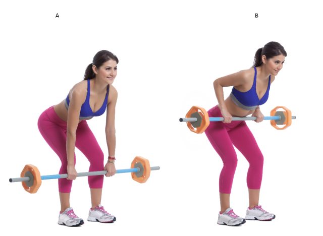 woman doing barbell row demonstration to get rid of underarm fat