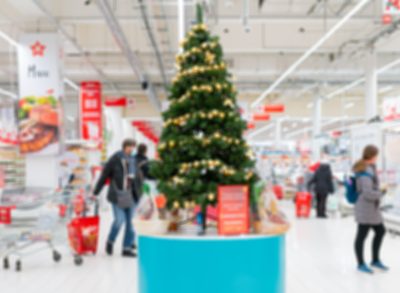 blurred christmas supermarket interior