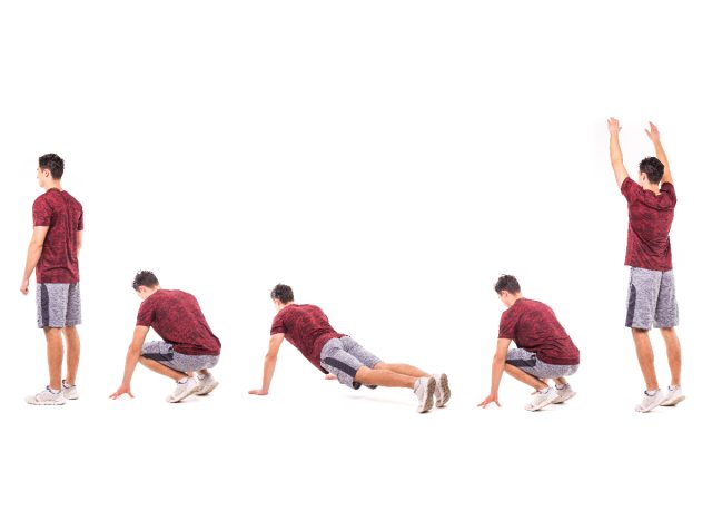 man demonstrating burpees exercise