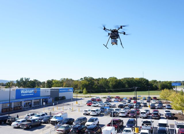 Walmart's delivery drone flies over the Arkansas location.