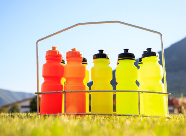 water bottles on field