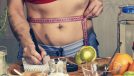 woman counting calories to lose weight, measuring waistline concept