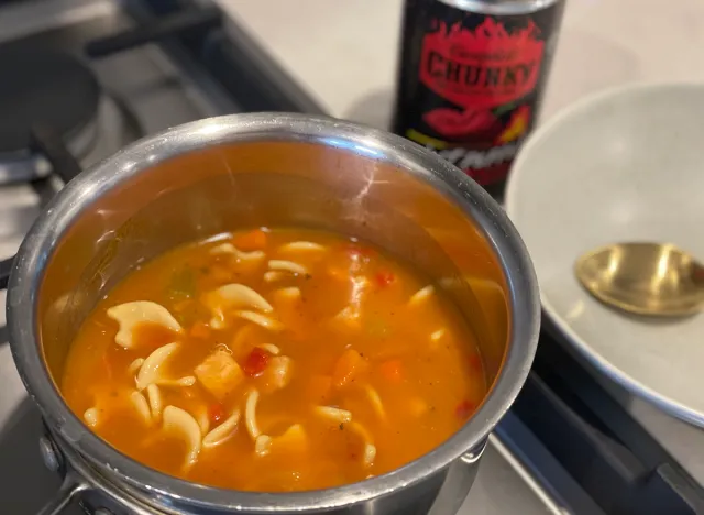 Campbell's Chunky Ghost Pepper Chicken Noodle soup, cooking on the stove
