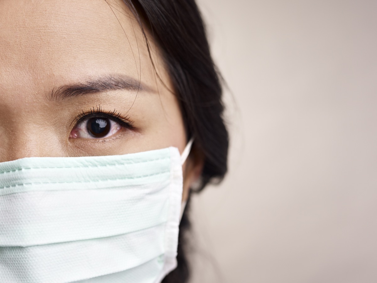 Face,Of,A,Mask wearing,Woman,With,Fear,In,The,Eye.