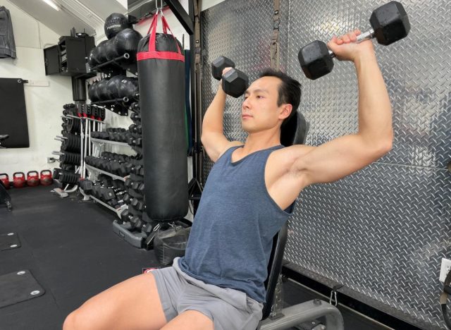 dumbbell Scott press exercise to build boulder shoulders