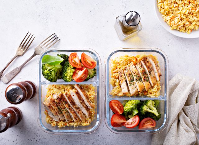 healthy meal prep containers with chicken, rice, and vegetables