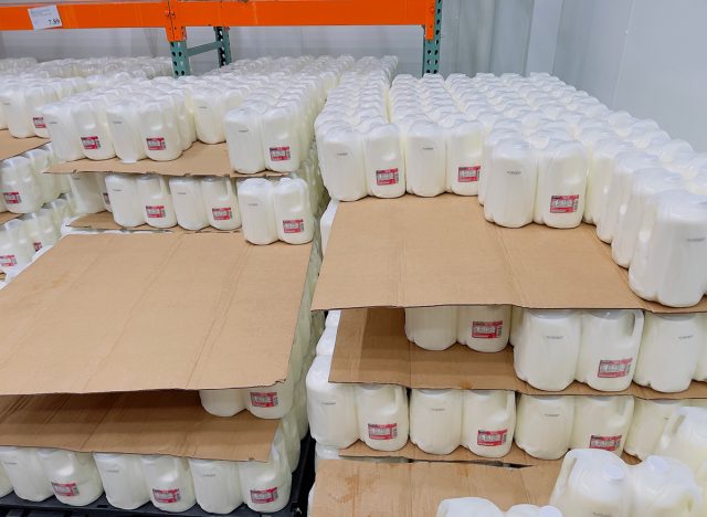 Whole Milk gallons inside a Costco store.