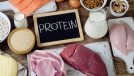 different types of protein on table, concept of how to build muscle