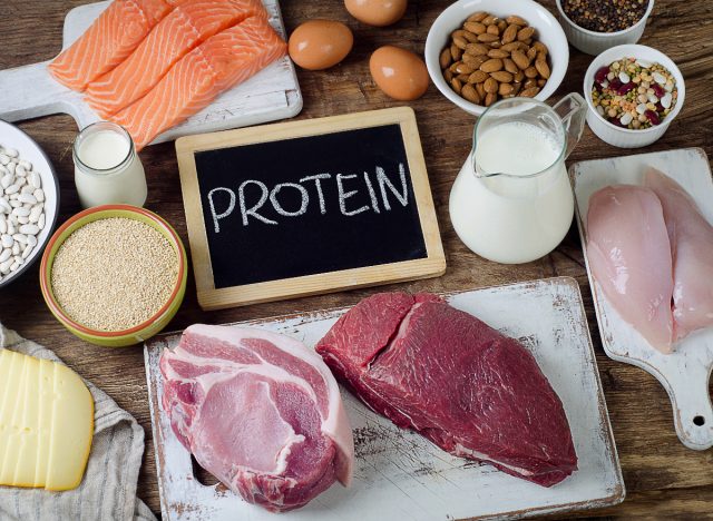 different types of protein on table, concept of how to build muscle