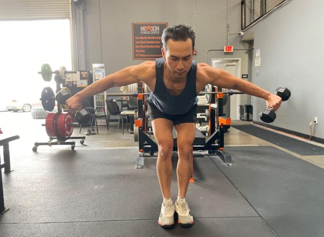 bent-over rear delt raise exercise to build boulder shoulders