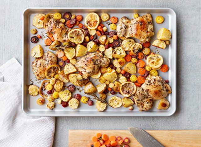 sheet pan lemon chicken with potatoes and carrots