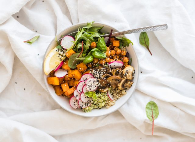 vegan bowl with sweet potatoes, mushrooms, and veggies