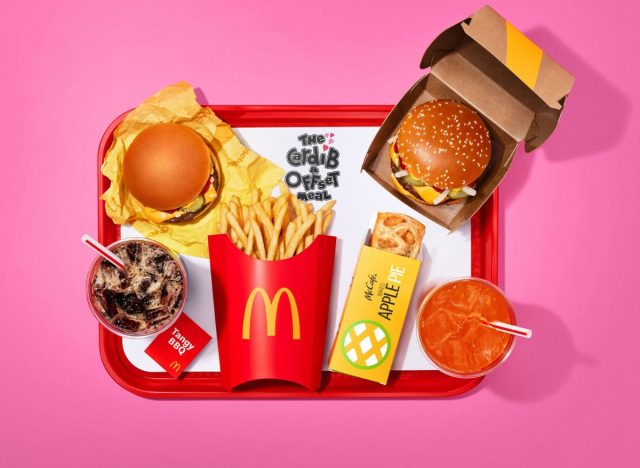 McDonald's Cardi B & Offset meal featuring a classic McDonald's cheeseburger, barbecue sauce, Coke, a Quarter Pounder with Cheese, a large Hi-C Orange Lavaburst, fries, and an apple pie.