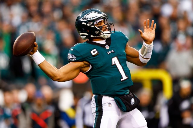 Jalen Hurts #1 of the Philadelphia Eagles throws a pass during the first quarter of the NFC Championship NFL football game against the San Francisco 49ers at Lincoln Financial Field on January 29, 2023 in Philadelphia, Pennsylvania.