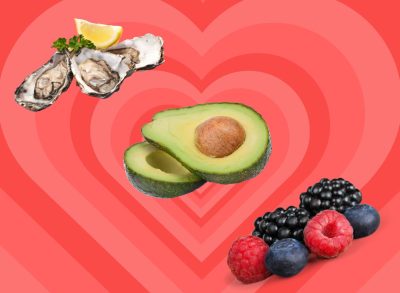 a collage of oysters, avocados, and berries on a valentine's day heart-themed designed background