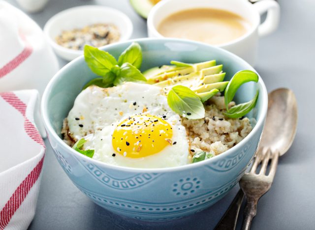 hearty bowl of oatmeal, eggs, and avocado for breakfast