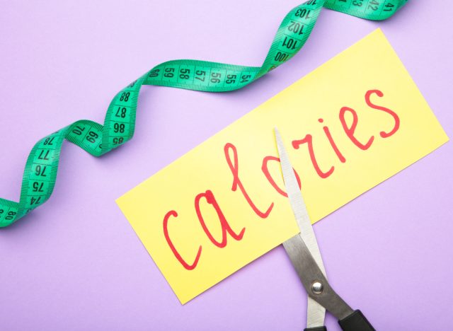 scissors cutting yellow paper with "calories" written on it, concept of how many calories to cut every day to lose weight
