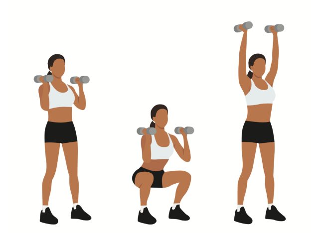 dumbbell thrusters illustration, concept of workouts that burn the most calories